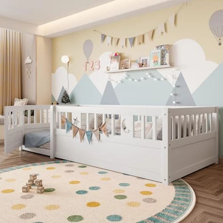 Ball & Cast Bodenbett (90x190 cm), Kids Bed und Jugendbett mit Stern- & Monddekoration, Kinderbett 90x200 mit rausfallschutz, ohne Lattenrost, Weiß – Bild 3