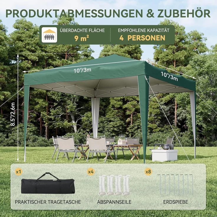 Aoxun Pop Up Pavillon 3x3 Wasserdicht, Metallrahmen-Schutzzelt, Höhe Verstellbar, 3mx3m Faltpavillon mit Tragetasche für Camping Party, Grün – Bild 2