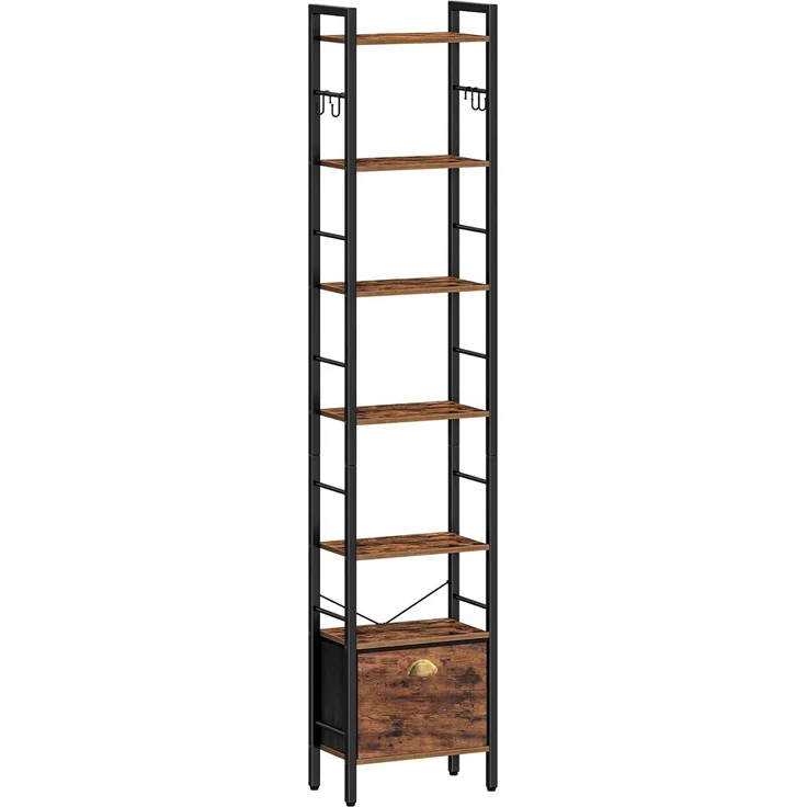 Bücherregal, 7 vertikale Regale mit 1 Zusammenklappbare Stoffschubladenund 4 Haken, offene Regale, Metallrahmen, geeignet für Arbeitszimmer, Wohnzimmer Vintagebraun-Schwarz – Bild 2