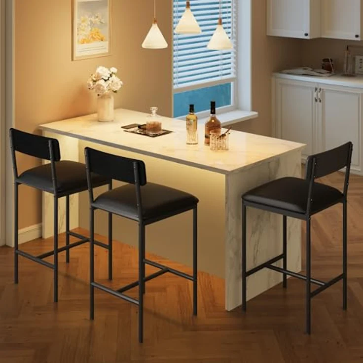 2er Set Barhocker, Barstuhl mit Rückenlehne & Fußstütze, Retro Barhocker mit Fußstütze, Bistrohocker 64cm Hohe, Küchenhocker Einfache Montage, Industrie-Design für Bistro, Küche, Esszimmer, Schwarz – Bild 7