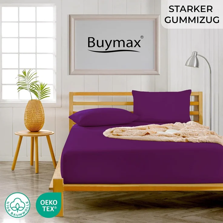 Buymax® Spannbettlaken 100x200 cm Baumwolle 100% Spannbetttuch Bettlaken Jersey, Matratzenhöhe bis 25 cm, Farbe Aubergine – Bild 2