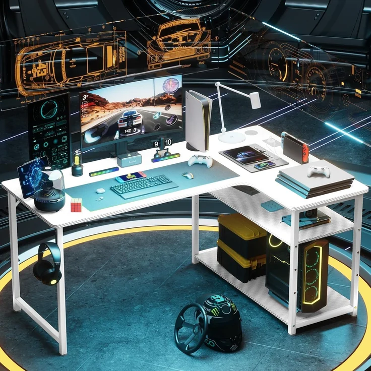 COMHOMA Schreibtisch Gaming Tisch mit Regal, Eckschreibtisch mit USB-Ladeanschluss und Steckdose, 140cm Computertisch L Form, PC Tisch für Büro, Heimbüro (weiß-130CM) – Bild 2