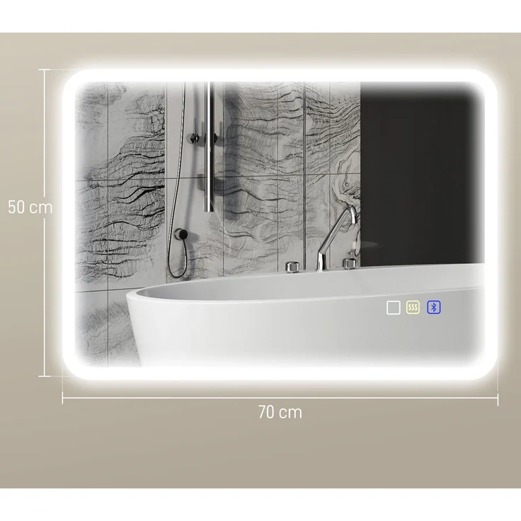 LED-Badezimmerspiegel mit Bluetooth, 50 x 70 cm, Touch-Schalter, dimmbares Licht, 3 Farben, beschlagfrei, Speicherknopf, silber – Bild 5