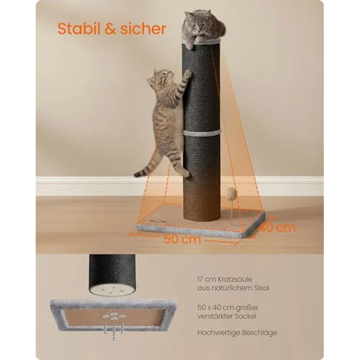 Feandrea Kratzbaum, Kratzsäule XL, 85 cm hoch Kratzstamm, 17cm Dicker Stamm | Katzenbaum für mittelgroße und große Katzen, Sisalstamm, mit Plüschball und Glocke, schwarz, CLAWFY Kollektion PCA042B101 – Bild 5