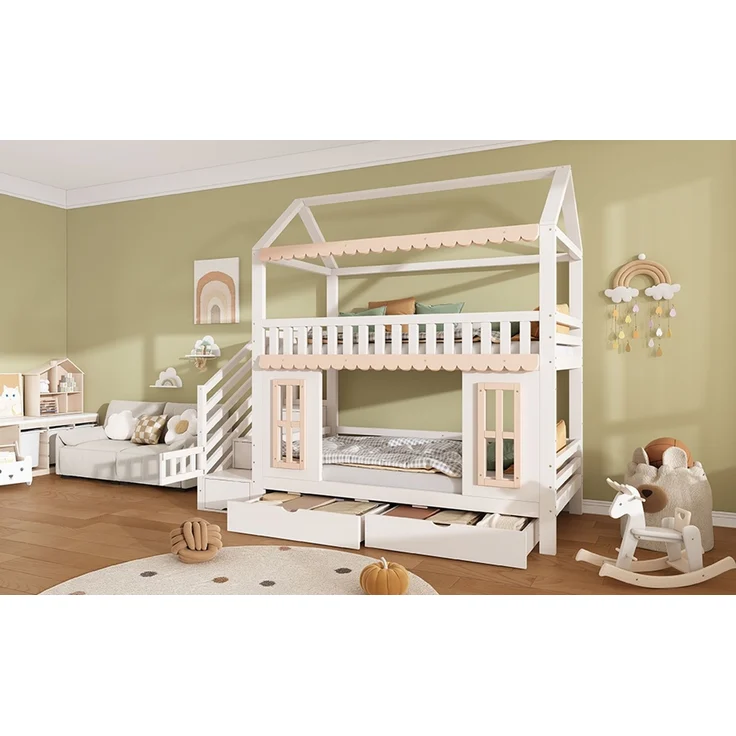 ZUBALIYA Etagenbett, Kinderbett, Hausform, Seitlicher Stauraumschrank mit Leiter, 2 Schubladen, Dekorative Holzfenster und Zierleisten, Kiefer+MDF, Weiß+Natur, 90x200 cm, Natur / Weiß – Bild 14