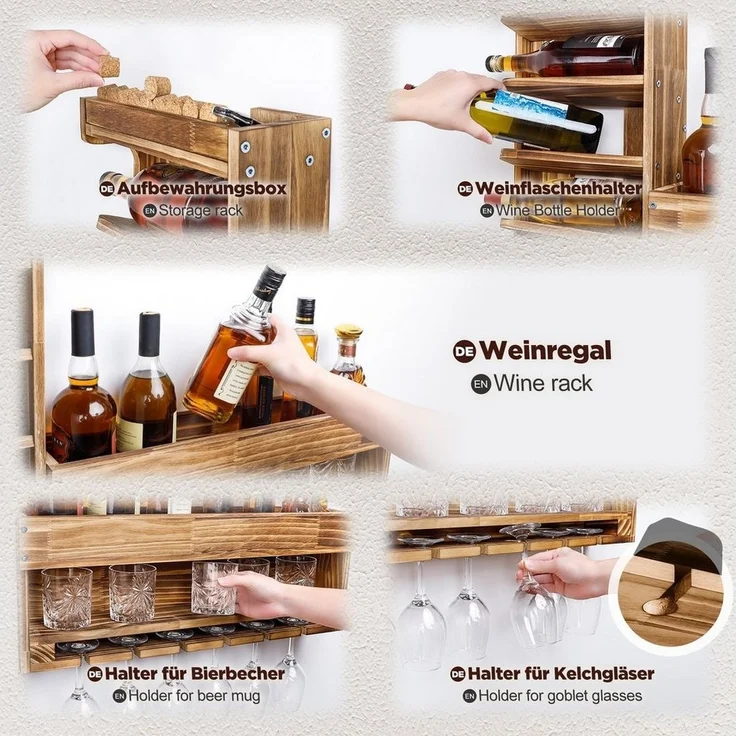 Yorbay Weinregal Weinregal aus Holz, Wandbar mit Korkhalter, Holzregal für Weingläser, Whiskygläser, Wandmontage Wand Flaschenhalter Vintage Stil für Hausbar – Bild 3