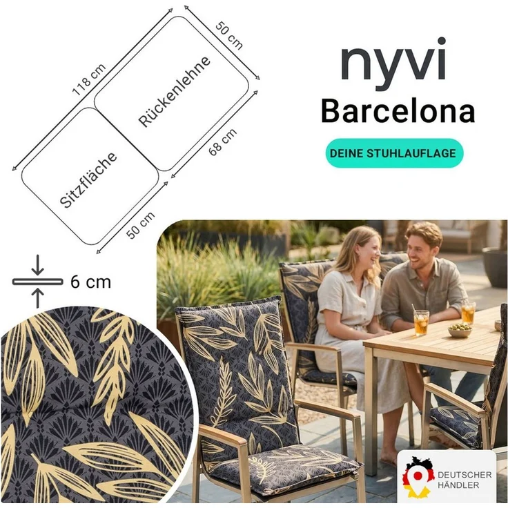 NYVI Hochlehnerauflage Hochlehner Auflagen 2er Set Barcelona - Gartenstuhlauflagen 118x50 cm, (2 St), Stuhlauflage, Sitzauflage mit Halteband, UV-fest – Bild 2