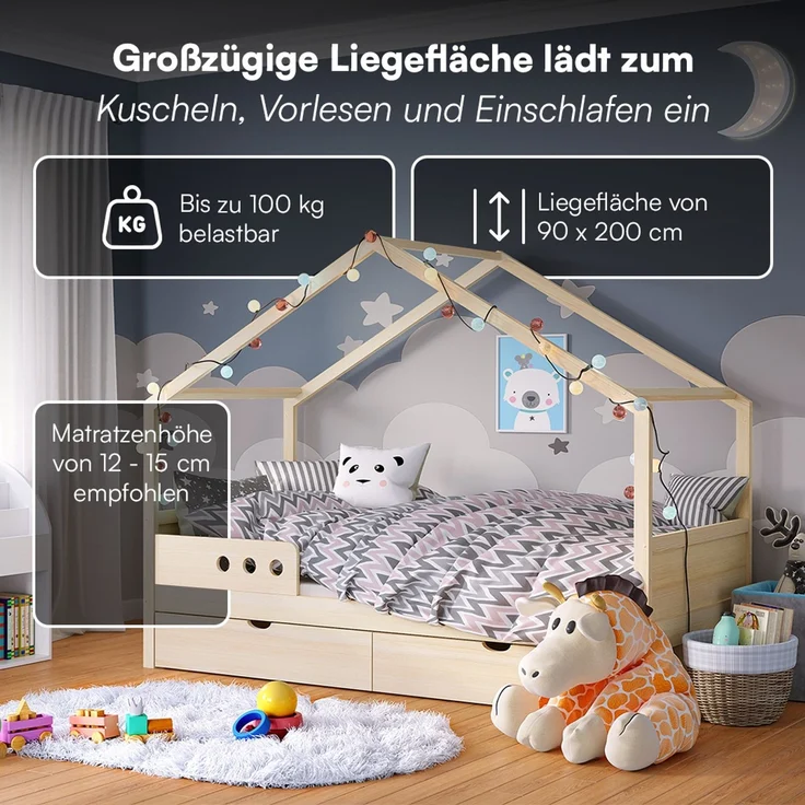 Bellabino 'Bela' Hausbett 90x200 cm mit Matratze und großer Schublade, natur, Kiefer Massivholz, Montessori Kinderbett mit Stauraum, inkl. Rausfallschutz und Lattenrost – Bild 4