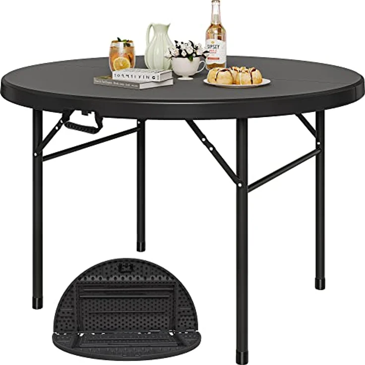 YITAHOME 122cm Runder Klapptisch mit Tragegriff Wetterfest für Outdoor/Indoor, Tragbarer Campingtisch mit Metallrahmen, Kunststoff Gartentisch mit 4cm Tischplatte für Party, Camping, Grill, Schwarz – Bild 2
