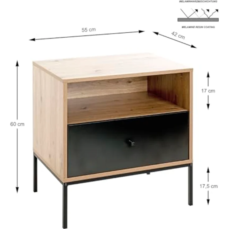 XXXL Beistelltisch Schwarz, Eiche, Metall, mit 1 Schublade und offenem Fach, rechteckig, 42x60x55 cm – Bild 3