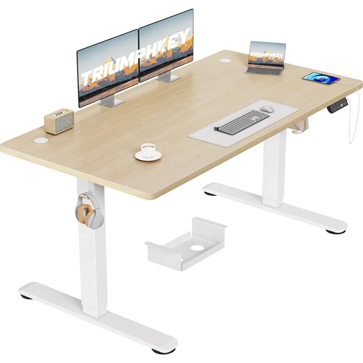 TRIUMPHKEY Höhenverstellbarer Schreibtisch 140x70, 18mm Tischplatte & USB-A | Schreibtisch Höhenverstellbar mit 3 Memory-Steuerung,Sitz‑Erinnerung & Kabelmanagement, Computertisch,Standing Desk, Beige