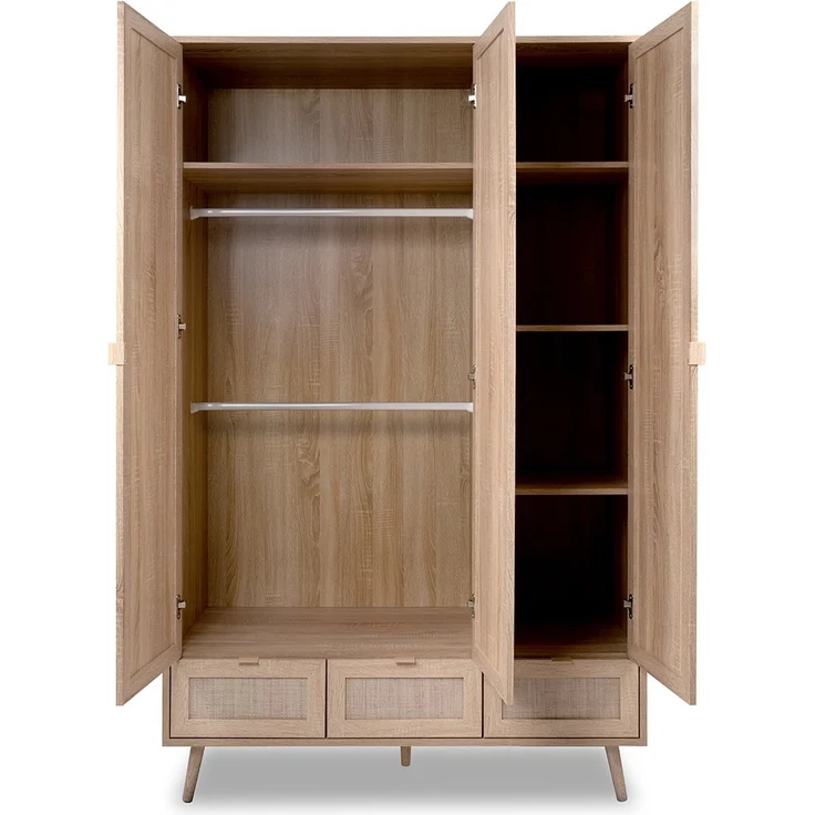 Calicosy 'BALI' Schrank mit Türen, Schubladen und Kleiderstangen L120cm - Rattan-Druck - Helles Holz – Bild 3