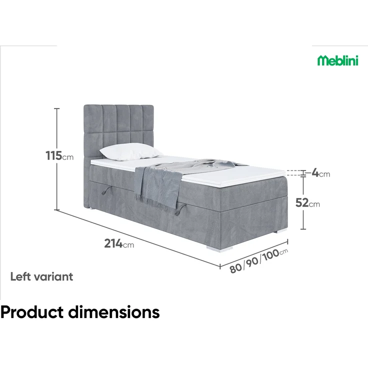 MEBLINI Boxspringbett LUKAS 100x200 cm mit Bettkasten - H3/Grau Samt Gepolstert Einzelbett mit Topper & Taschenfederkern-Matratze - 100x200 Links – Bild 7