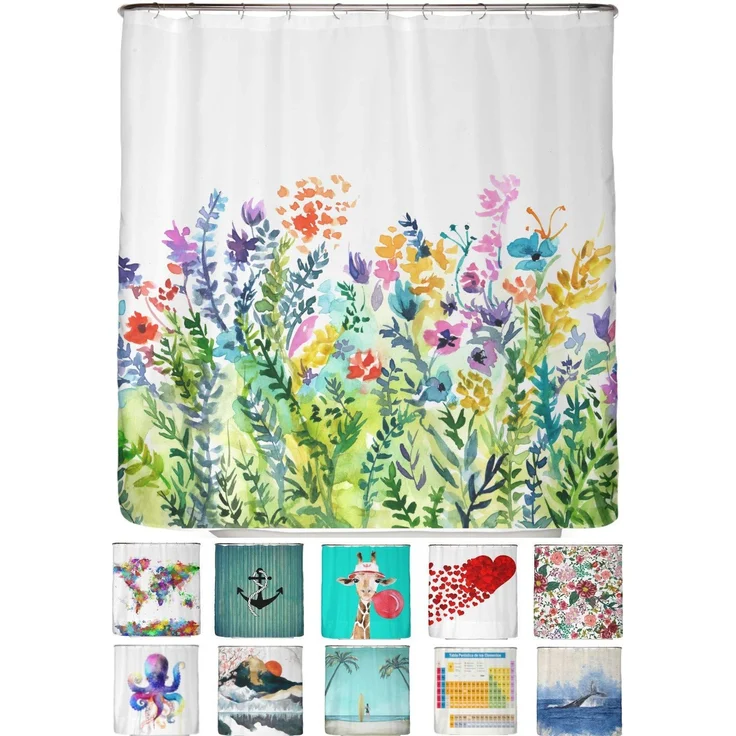 arteneur® - Bunte Blumen - Anti-Schimmel Duschvorhang 200x220 - Recycelt mit Öko-Tex Standard 100 - Beschwerter Saum, Blickdicht, Wasserdicht, Waschbar, 12 Ringe & E-Book