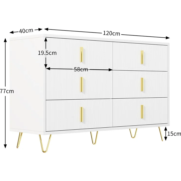 Sideboard 120x40 cm Weiß Gold 6 Schubladen Wellenfront TV Schrank Lowboard Aufbewahrung Wohnzimmer Esszimmer – Bild 10