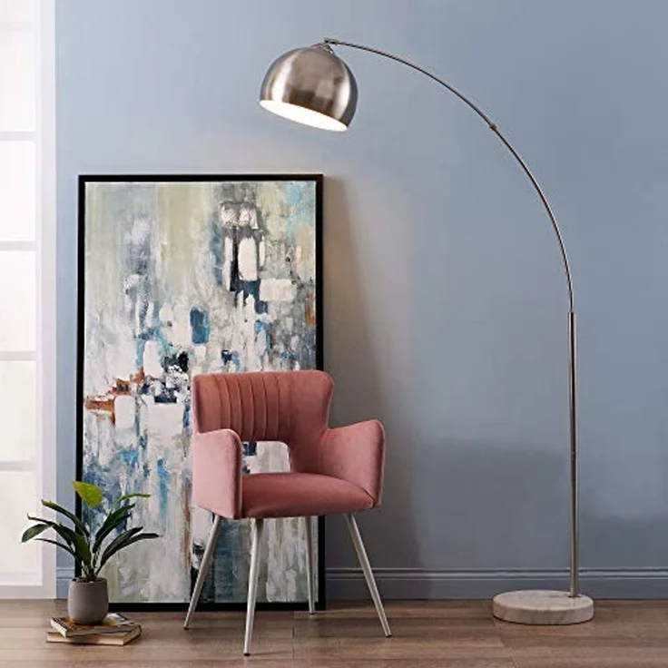 Teamson Home Bogenlampe Gebogene Stehlampe aus Metall mit Marmorimitat-Sockel grau – Bild 2