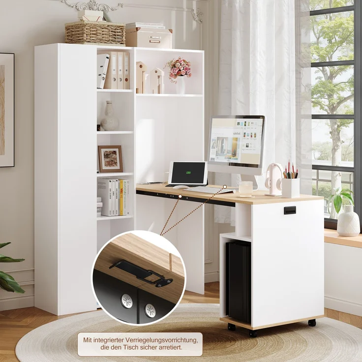 Klappbarer Schreibtisch mit Ablagen –2-in-1-Bücherregal und Schreibtisch, klappbar, mit Steckdose und USB-Anschluss, höhenverstellbare Ablagen, Kippschutz, weiß-Schreibtisch,Eck-Schreibtisch –links – Bild 7
