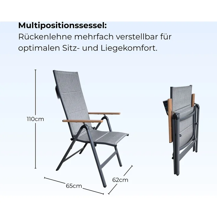 Alu Klappsessel Genua Premium Multipositionssessel Woodlook Armlehne Grau – Bild 3