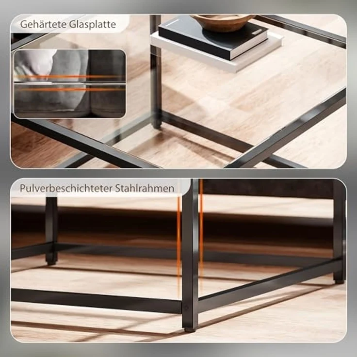 HOMCOM Beistelltisch Quadratisch Nachttisch mit Hartglas-Tischplatte, Couchtisch mit Beinen aus Stahl, Wohnzimmertisch Sofatisch Kaffeetisch für Wohnzimmer Schlafzimmer 68 x 68 x 39 cm Schwarz – Bild 5