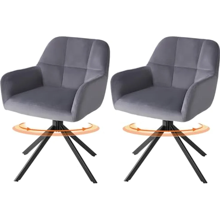 Sweetcrispy Esszimmerstuhl 2er Set, 360° Drehstuhl Esszimmer, Küchenstuhl, Samt Schminktisch Stuhl, bis 120 kg belastbar, Sessel mit Armlehnen Stahlbeine, Schreibtischstuhl für Arbeitszimmer, Grau – Bild 2