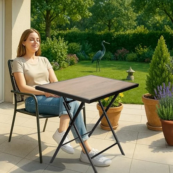 BRUBAKER Gartentisch Bergamo - 58 x 58 cm Balkontisch mit Holz Optik - Wetterfest (1-St, Klapptisch für Balkon, Terrasse - Bistrotisch), Metall Beistelltisch klappbar - Campingtisch eckig – Bild 10