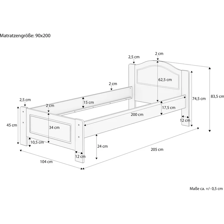 Massivholzbett Einzelbett Holzbett 90x200 Kiefer unbehandelt mit Zubehör V-60.37N-09Rollrost inkl. – Bild 3