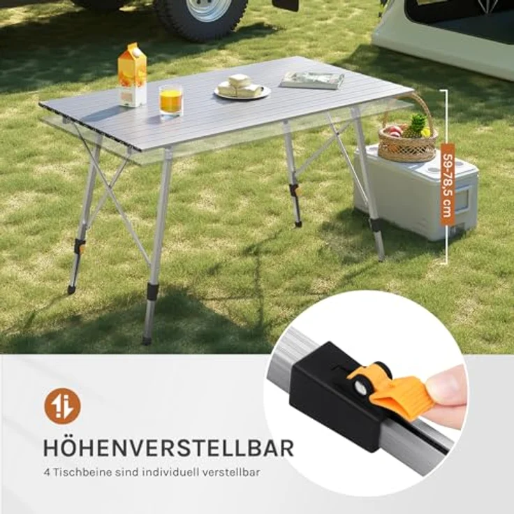 WOLTU Alu Campingtisch klappbar, Falttisch Höhenverstellbar mit Tragetasche & aufrollbarer Tischplatte, Klapptisch Reisetisch 4-6 Personen, für Camping Garten Balkon, 120 * 68. 5cm, Silber – Bild 6