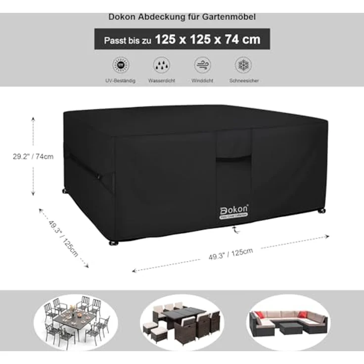 Dokon Gartenmöbel Abdeckung Wasserdicht Winddicht UV Beständiges Gartentisch Abdeckplane mit Belüftungsöffnungen Robustes Oxford-Gewebe Schutzhülle für Loungemöbel Sitzgruppe (125 x 125 x 74 cm) Schwarz – Bild 3