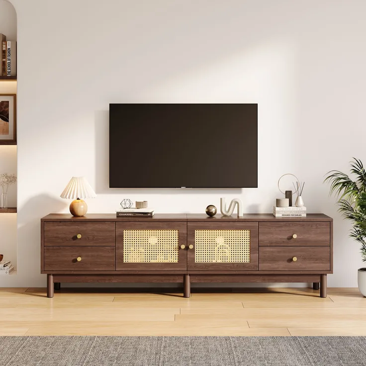 TV-Schrank 180 cm in dunkler Holzoptik mit Rattantüren und vier Schubladen