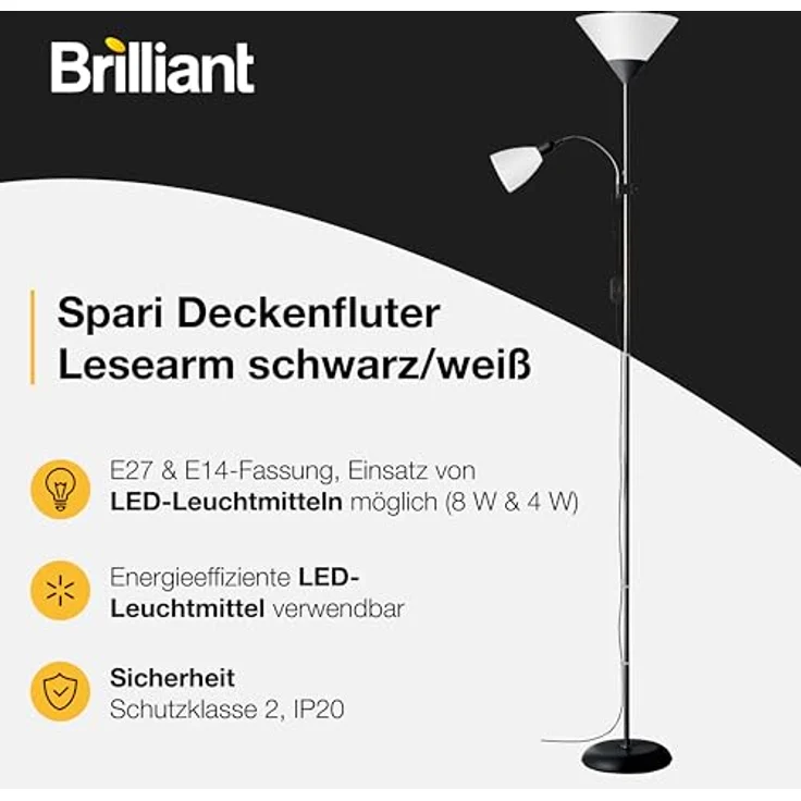 Brilliant Leuchten No. 93008-76 Deckenfluter Spari mit Lesearm schwarz weiß – Bild 4