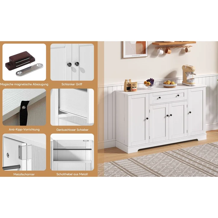 Buffet-Anrichte 85x40x138 cm mit Schublade, Regaltüren und verstellbaren Einlegeböden in Weiß – Bild 8