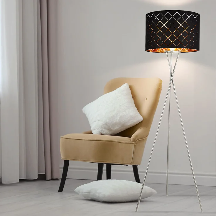 Stehleuchte, Textil, schwarz, gold, 3-Beinig, H 158 cm – Bild 7