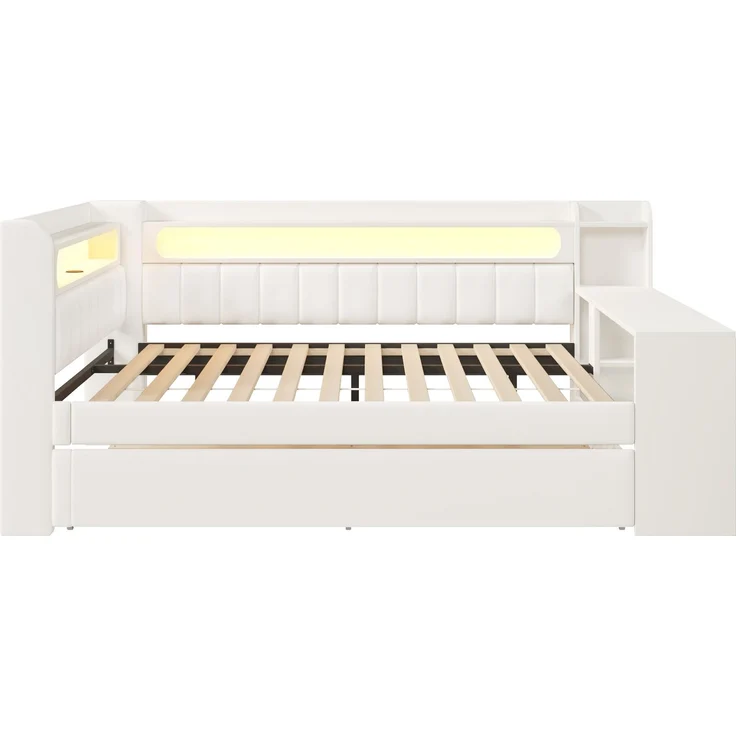 Gepolstertes 140x200 Tagesbett mit USB-Anschlüssen und LED-Gürtel, mit Ausziehbett und Schreibtisch, Weiß – Bild 7
