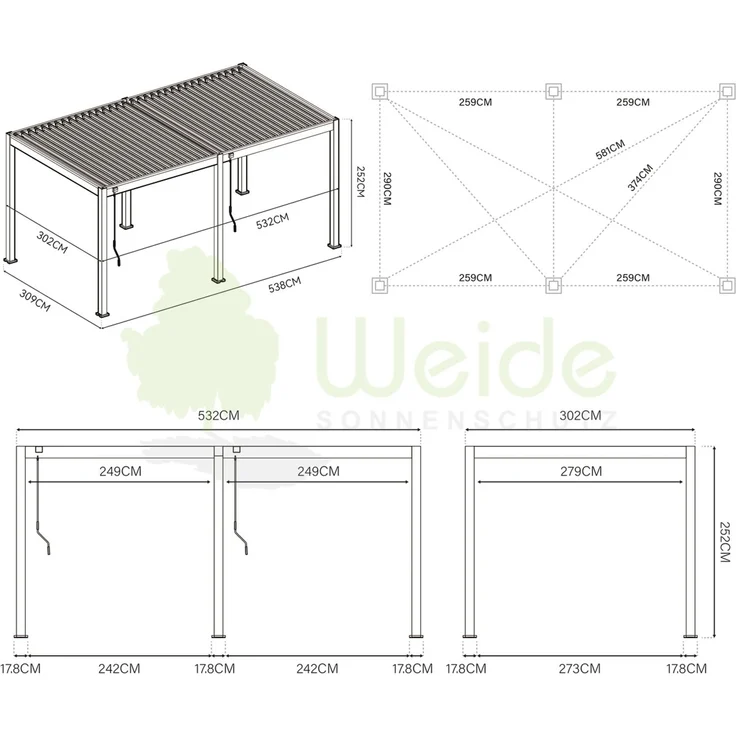 Weide 'Classic' Pergola, freistehend, Aluminium / Stahl weiß, 530 x 300 x 255 cm – Bild 7