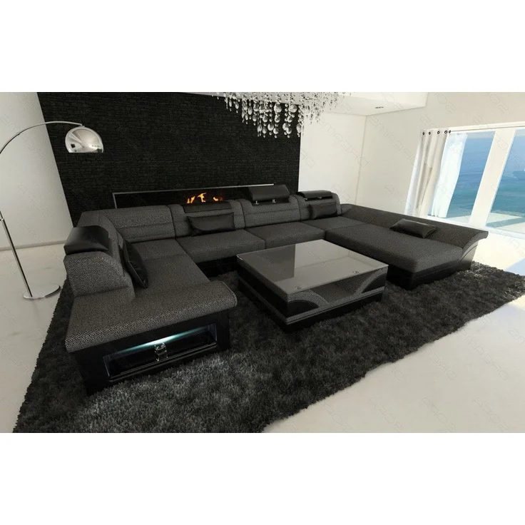 Sofa Dreams - Stoff-Wohnlandschaft Enzo XXL LED U-Form - Strukturstoff - Schwarzgrau-Schwarz - Rechts – Bild 3