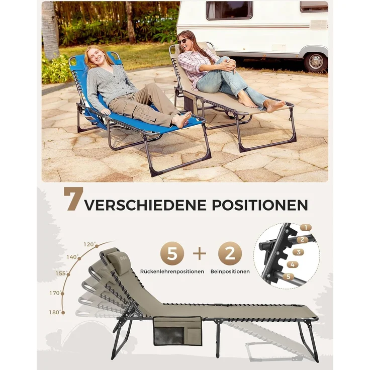 KingCamp Campingliege Sonnenliege Gartenliege klappbar 5-Stufig Verstellbarer Rückenlehne Liege Gartenstuhl Strandliege Camping Klappbett mit Kopfkissen für Garten Urlaub Outdoor Strand Pool – Bild 4