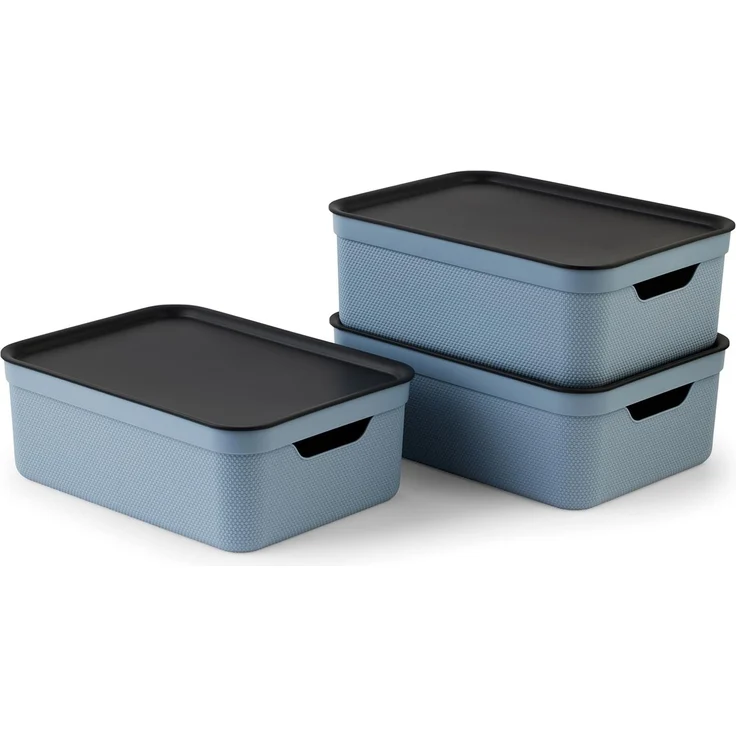 Jive 3er-Set Aufbewahrungsboxen mit Deckel 10l, A4 | Stapelboxen klein | mit Flechtmuster | modular & stapelbar | pflegeleicht & stabil | blau/anthrazit