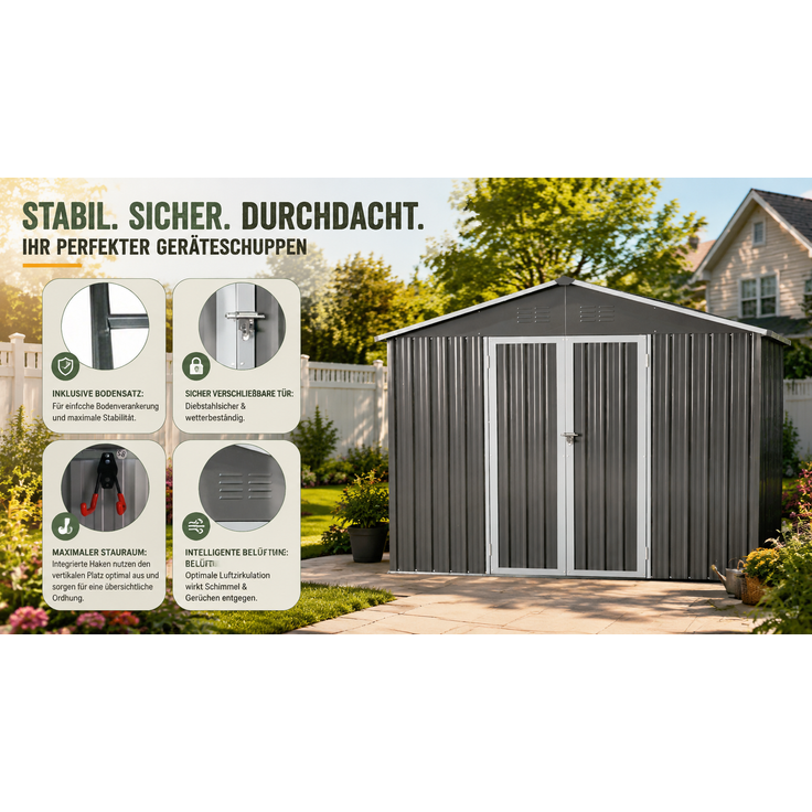 ZUBALIYA Metall-Gartenschuppen 10x8 ft mit Spitzdach in Grau als Außenlager. Der Schuppen ist mit einem integrierten Bodenrahmen ausgestattet. Grundfläche: 7,46 m² – Bild 11