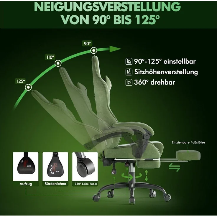 Ferghana Gaming-Stuhl Gaming-Stuhl: Kopfstütze, Lendenkissen, Armlehnen, Fußstütze (Packung), Ergonomischer PC-Stuhl,Rückenlehne 90°-125° – Bild 2