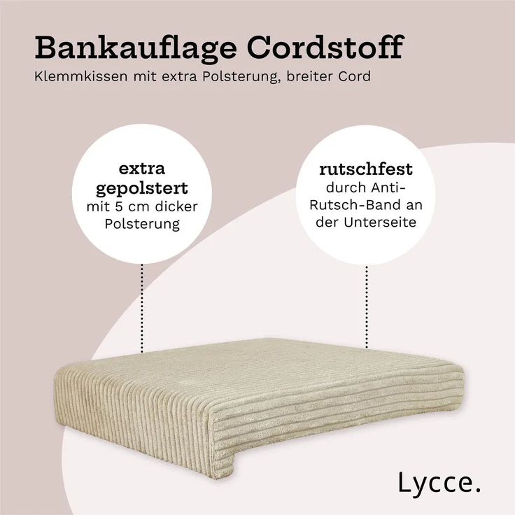 Lycce Bankauflage Klemmkissen mit Leiste - Cord, Polsterung, rutschfest Beige 8x40x38cm – Bild 3