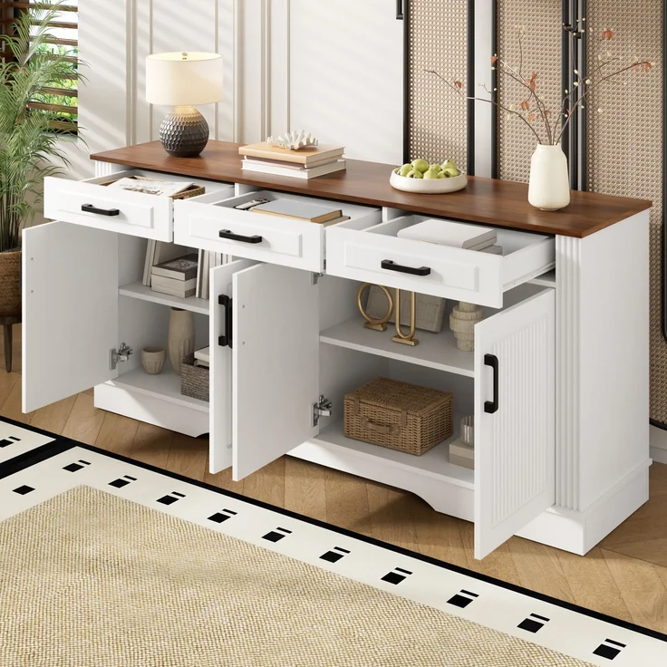 Merax Wohnzimmerschrank, Sideboard, 3D-vertikale Streifen, 3 Schubladen, 4Türen, Korpus aus MDF, Weiß – Bild 2