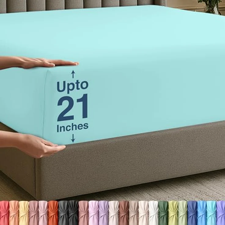 Utopia Bedding Queensize-Spannbetttuch mit extra tiefen Taschen, passend für Matratzen bis zu 53 cm, schrumpf- und farbbeständig, pflegeleicht, nur 1 Spannbetttuch mit tiefen Taschen, Spa-Blau – Bild 1