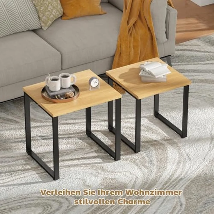 HOMCOM Couchtisch 2er Set Wohnzimmertisch mit Metallrahmen, Satztisch Kaffeetisch Beistelltisch für Wohnzimmer, Schlafzimmer, Balkon Natur – Bild 5