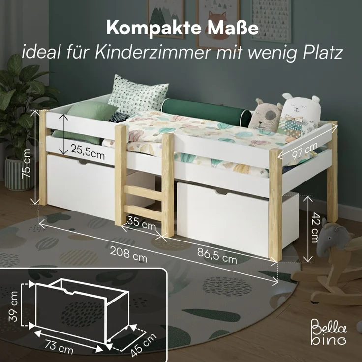 Bellabino 'Aspy' Halbhochbett 90x200 cm mit Leiter, weiß, Kinderbett mit 2 Schubladen, inkl. Rausfallschutz und Lattenrost – Bild 8