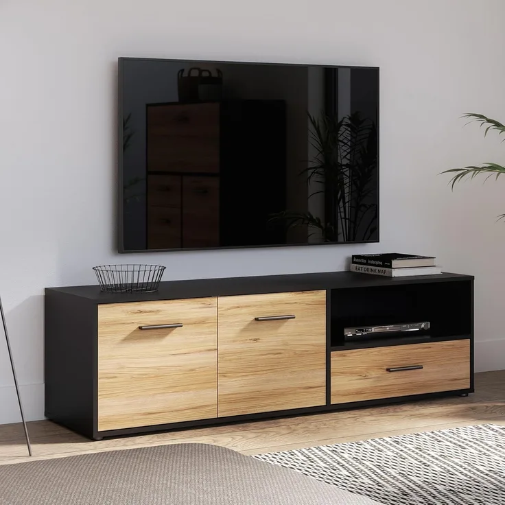 Forte MOKKARO TV-Unterschrank L 160, Lowboard mit Schublade und 2 Schranktüren, Holzwerkstoff, Mauvella Eiche Dekor/Schwarz, 159,4 cm breit, 46,5 cm hoch, 42 cm tief