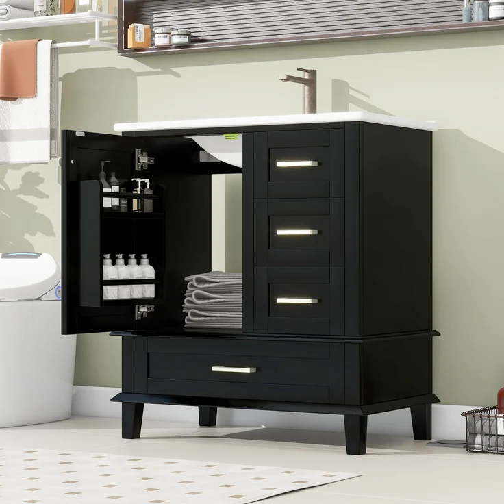 76x46x83,5cm schlichter Badezimmerschrank, komplett lackiert, Türregal, drei geräuschlose Schubladen, verstellbare Regale, integriertes Keramikwaschbecken, Schwarz – Bild 5
