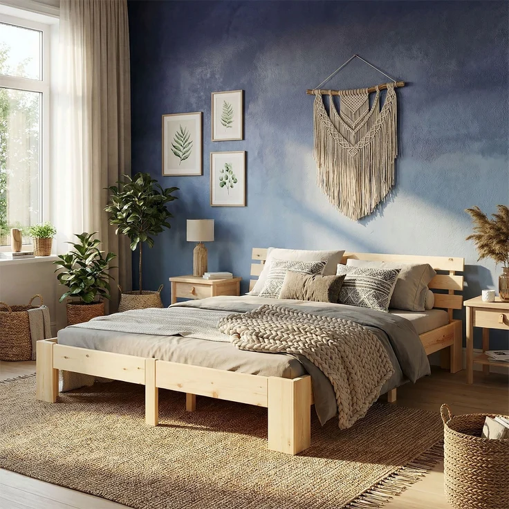 Holzbett mit Federkernmatratze 140x200 Jugendbett Doppelbett Bett Holzbettrahmen Natur Massiv Holz Lattenrost – Bild 2