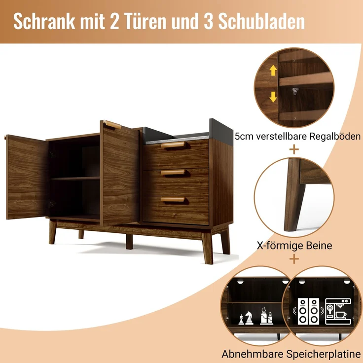Merax Wohnzimmer Kommode mit Marmor-Optik Platte - Offene Ablage + 3 Schubladen & Doppeltürschrank (innen höhenverstellbar) - Massivholzbeine & kehrroboterfähig, H77/B120/T40 cm – Bild 7