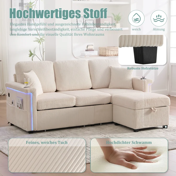 Sofa, Hochwertiges Samtsofa mit LED-Beleuchtung USB-C-Port inklusive Stauraum-Fußteil praktischen Getränkehaltern und Seitentaschen Premium Qualität für Wohnzimmer Schlafzimmer oder Büro, Samt, Beige, – Bild 4