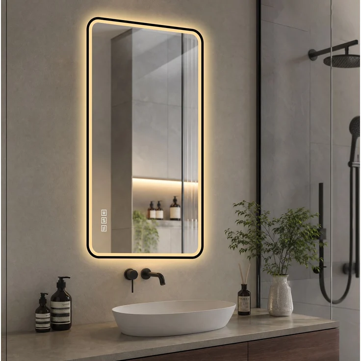 Badezimmerspiegel 100×60×4 cm mit LED-Beleuchtung, Anti-Beschlag-Funktion und schwarzem Aluminiumrahmen – Bild 2